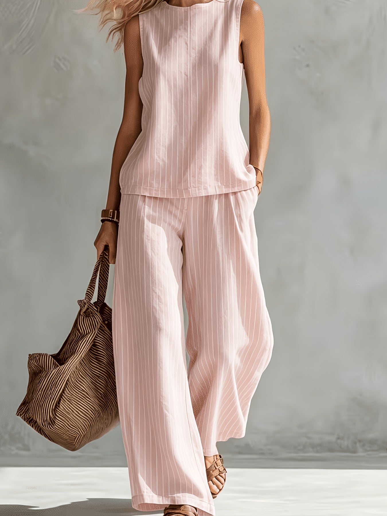 Women's Thin Vertical Striped Printed 2pcs Set, Crew Neck Sleeveless Tank Top & High-waisted Wide-leg Pants, Lightweight And Loose Summer Commuter Casual Outfit