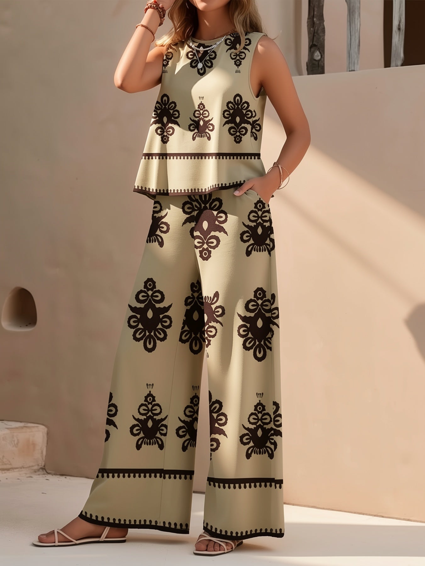 Women'S Casual Ethnic Style Printed 2pcs Set, Round Neck Sleeveless Top And Pants with Pocket Detail, Regular Fit for Spring/Summer