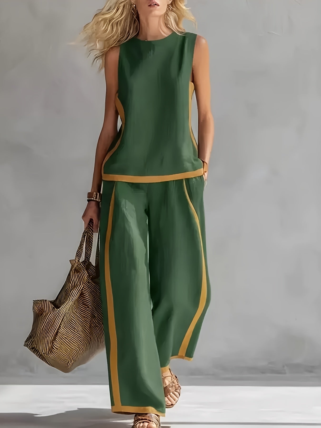 Women's 2pcs Casual Outfit, Color-blocked Sleeveless Tank Top & High-Waisted Wide-Leg Pants, Lightweight Loose Summer Commute Daily Women's Clothing