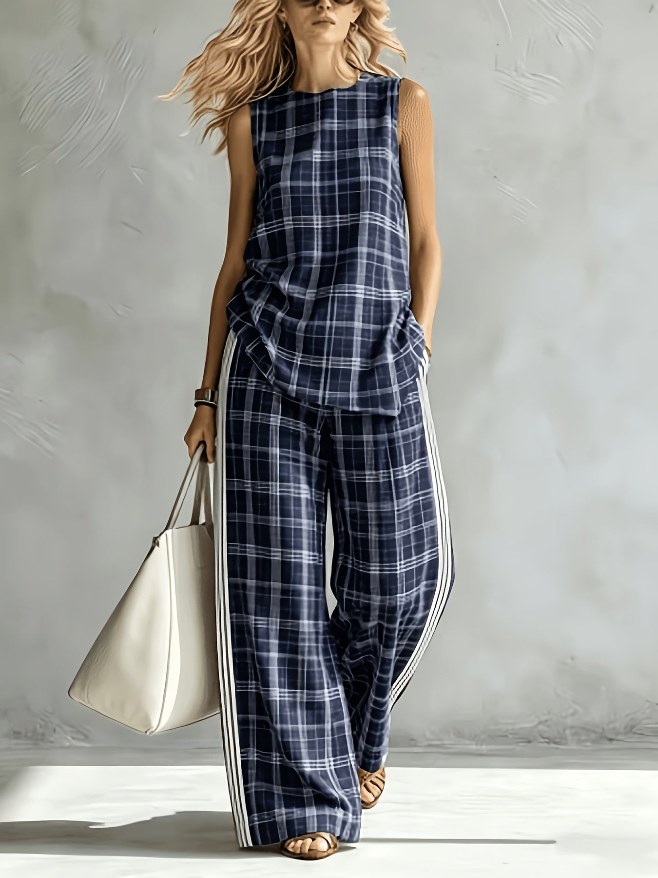 Women's 2pcs Set, Plaid & Vertical Stripe Spliced Outfit. Navy & White Plaid Sleeveless Round Neck Top with Vertical Stripe Trims, Wide-Leg Pants with Pockets. Loose Casual Loungewear for Summer, Office, Vacation And Daily Wear