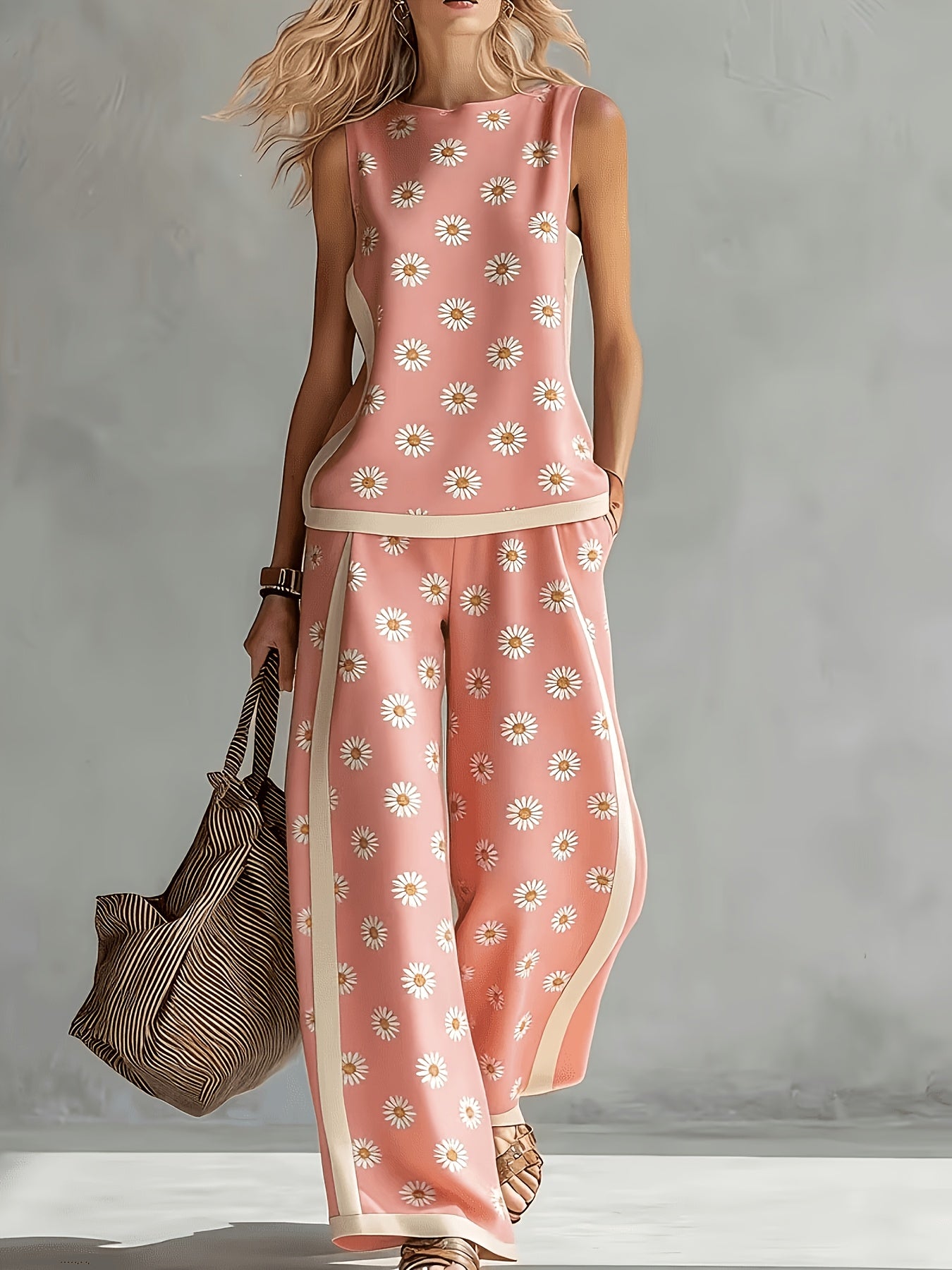 Women's 2pcs Casual Outfit Pink Daisy Print Sleeveless Round Neck Tank Top And High Waist Contrast Trim Wide Leg Pants Lightweight Loose Fit Summer Vacation Matching Set for Women