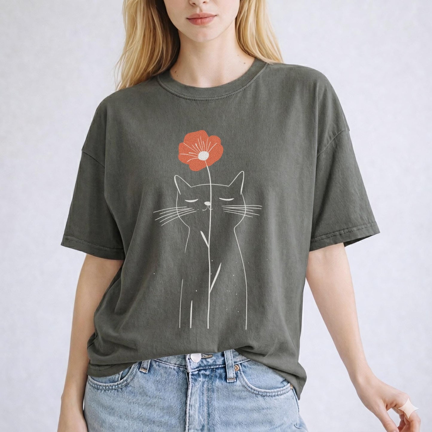 Minimalist Cat Flower Shirt Cute Cat Lover Gift for Her Floral Line Art Tee