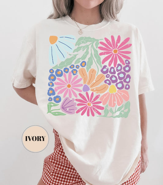 Trendy Boho Floral T-Shirt, Comfort Colors Shirt, Flower Graphic Tshirt, Cute Spring Garden Botanical Top, Summer Gift for Her, Women's Tee