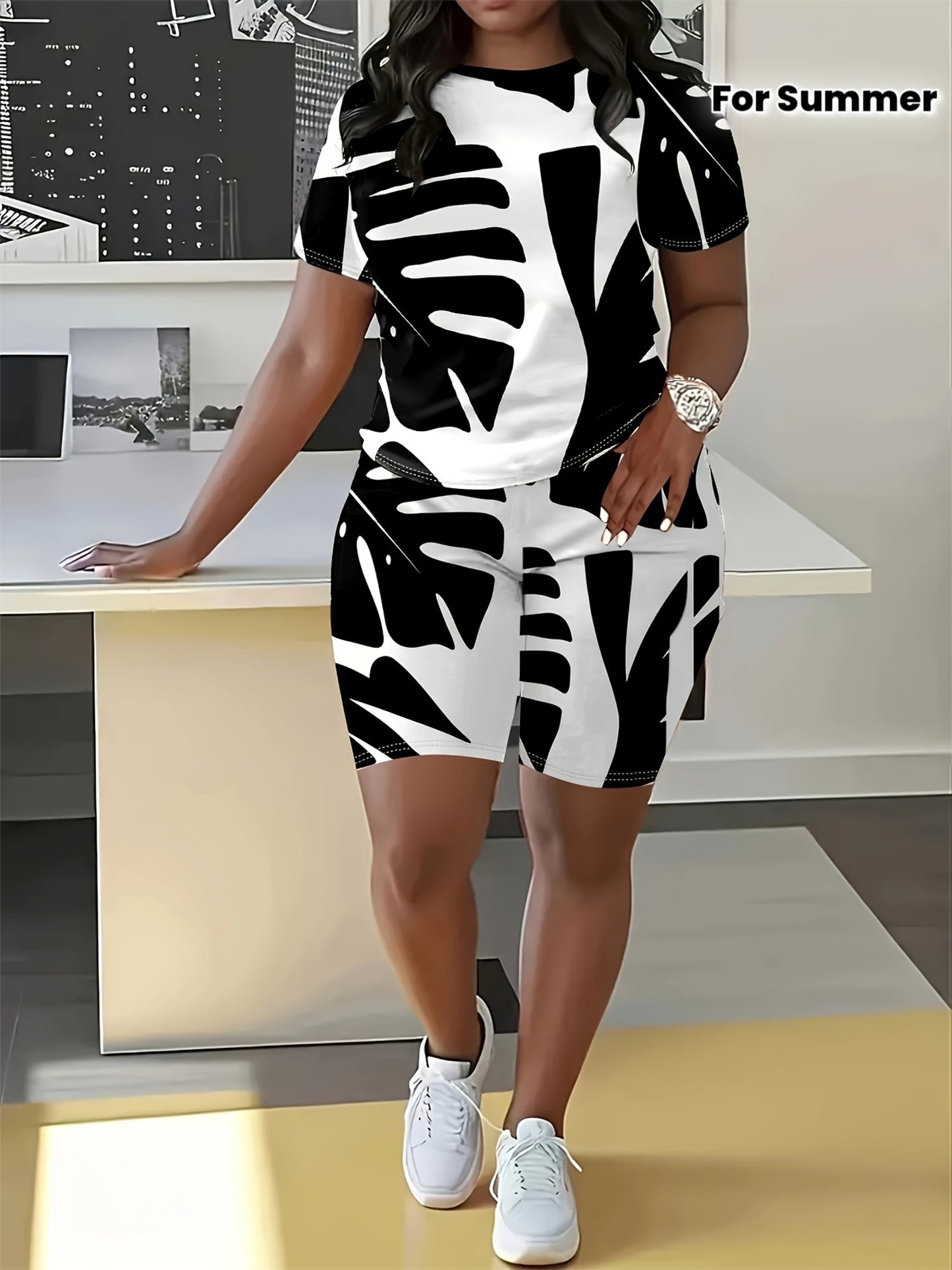 Tropical Plant All-Over Print Spring/Summer Casual Short Sleeve 2pcs Set