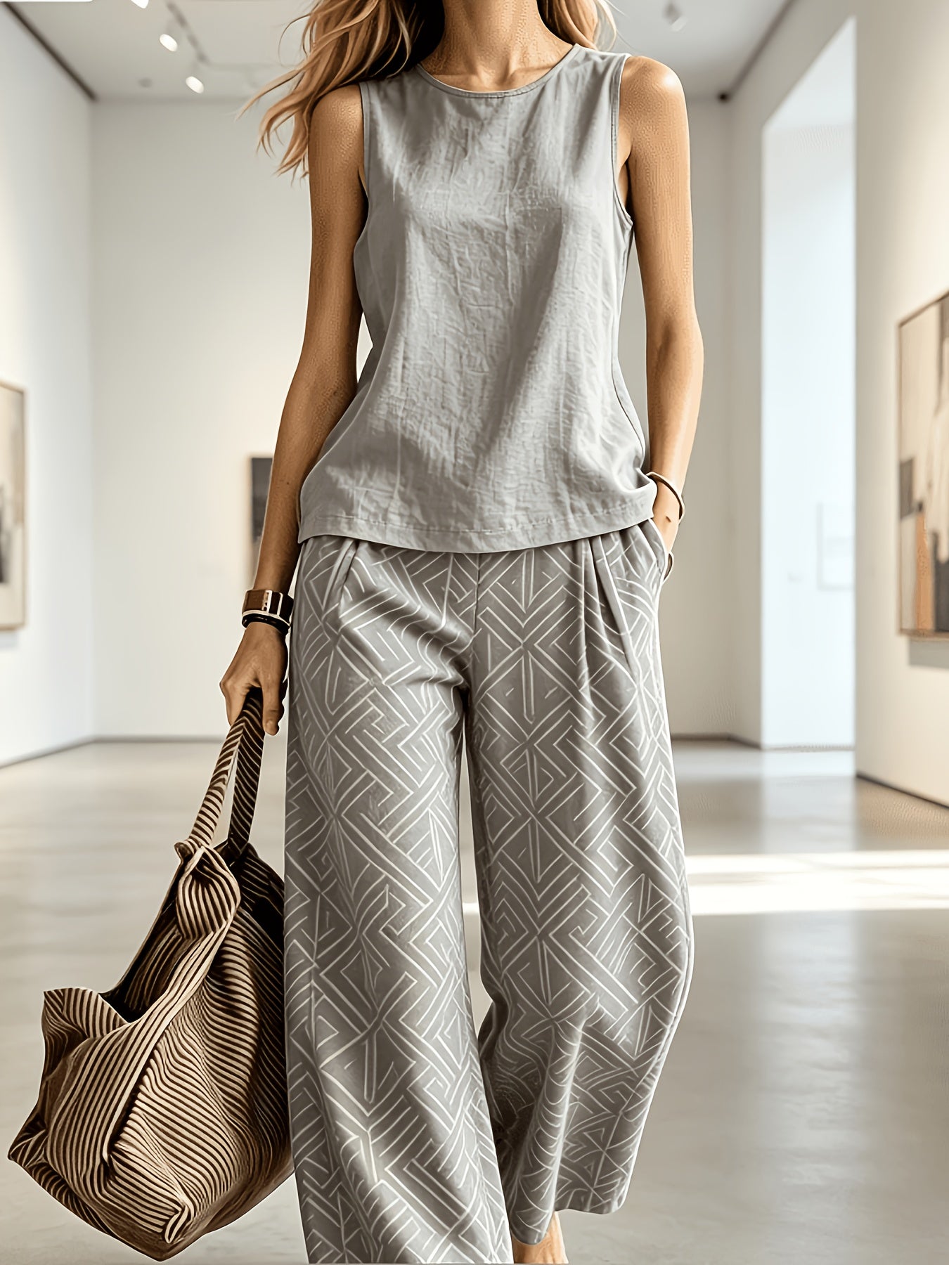 Women's Casual 2pcs Set: Sleeveless Round Neck Solid Gray Tank Top + High-Waisted Gray Base with White Geometric Printed Wide-Leg Pants, Lightweight Breathable, Ideal for Summer Art Gallery Visits, Commuting, Daily And Home Wear