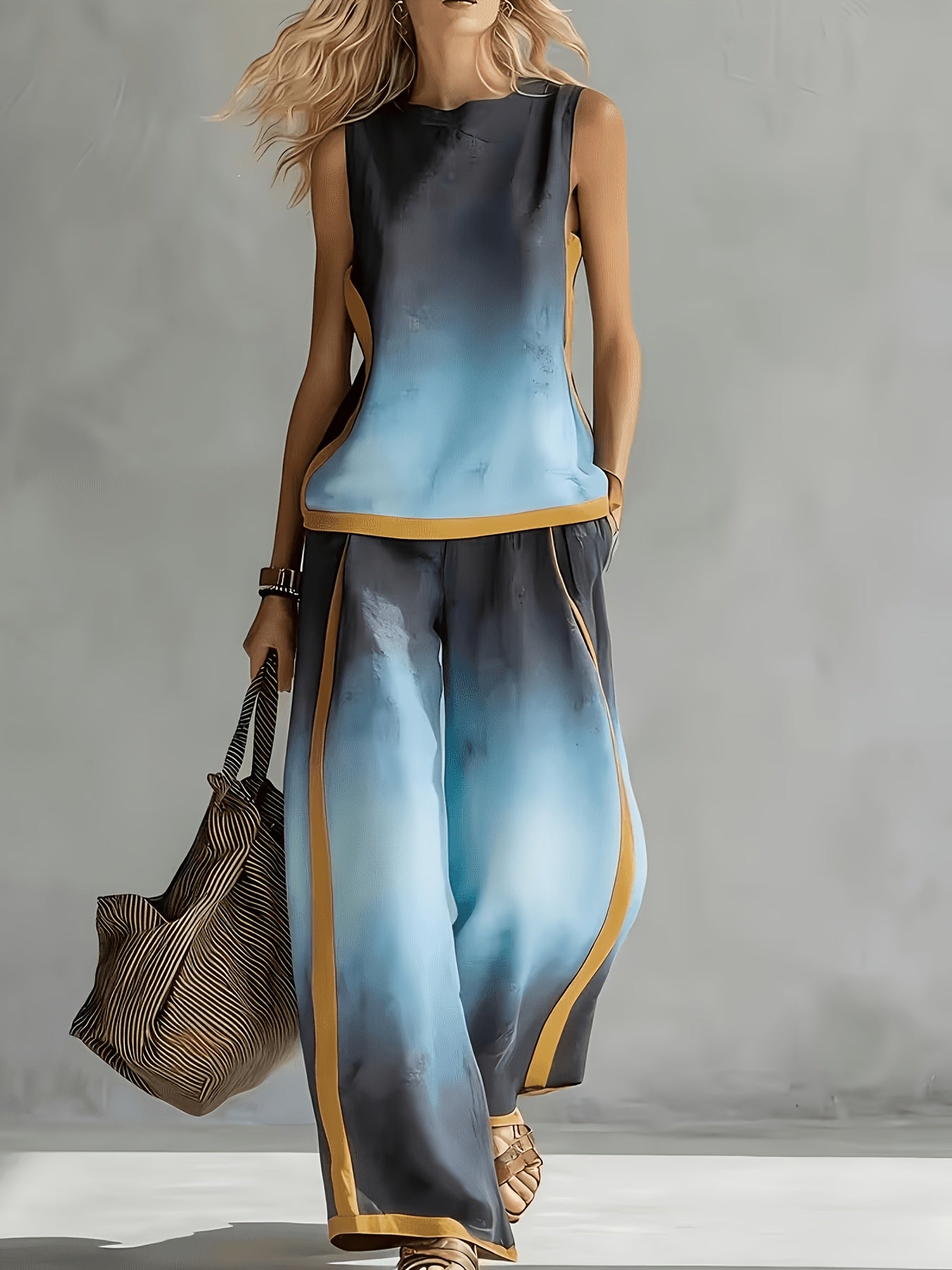Women'S Tie-Dye Printed Two-Piece Set, Round Neck Sleeveless Top And High-Waisted Wide-Leg Pants, Color-Blocked Lightweight Draping Summer Vacation Casual Outfit