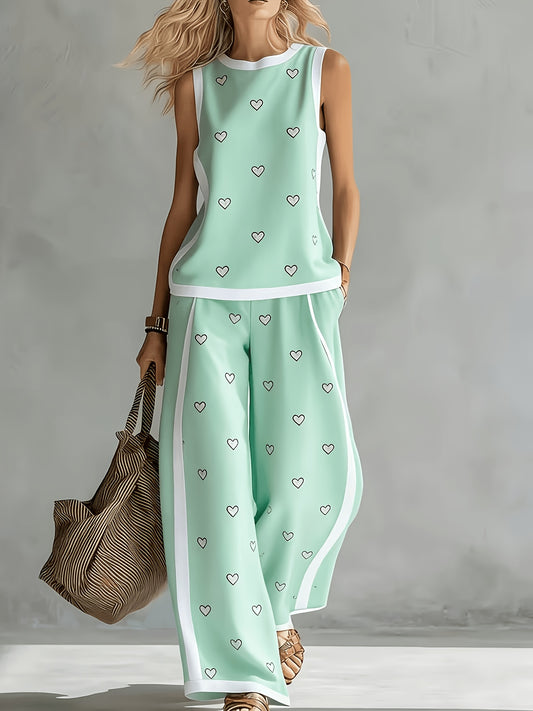 Women'S 2pcs Casual Outfit Mint Green Heart Print Sleeveless Round Neck Tank Top And High Waist Contrast Trim Wide Leg Pants Lightweight Loose Fit Summer Streetwear Matching Set for Women