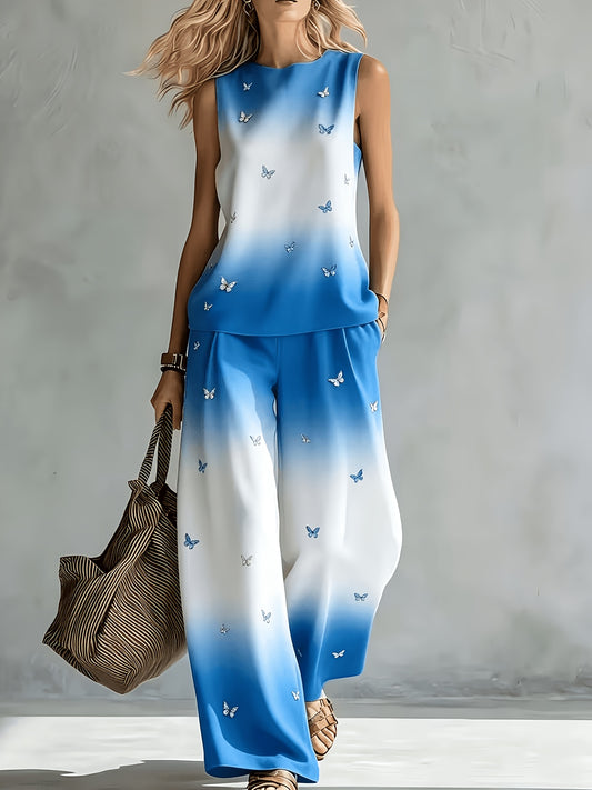 Women's 2pcs Outfit Blue to White Ombre Butterfly Print Sleeveless Tank Top And High Waist Wide Leg Pants Lightweight Flowy Casual Summer Resort Matching Set for Women