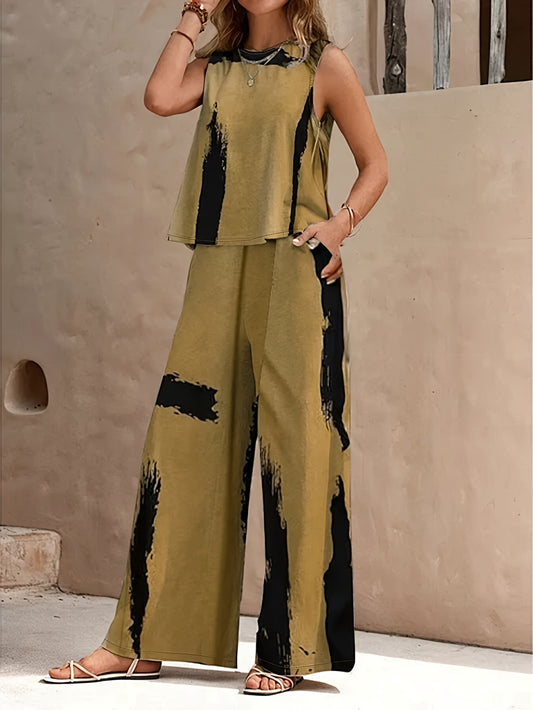 Casual Solid Color Block Summer And Spring Two-piece Pants, Round Neck Sleeveless Vest And Pants Set, Women'S Clothing, Two-piece Set