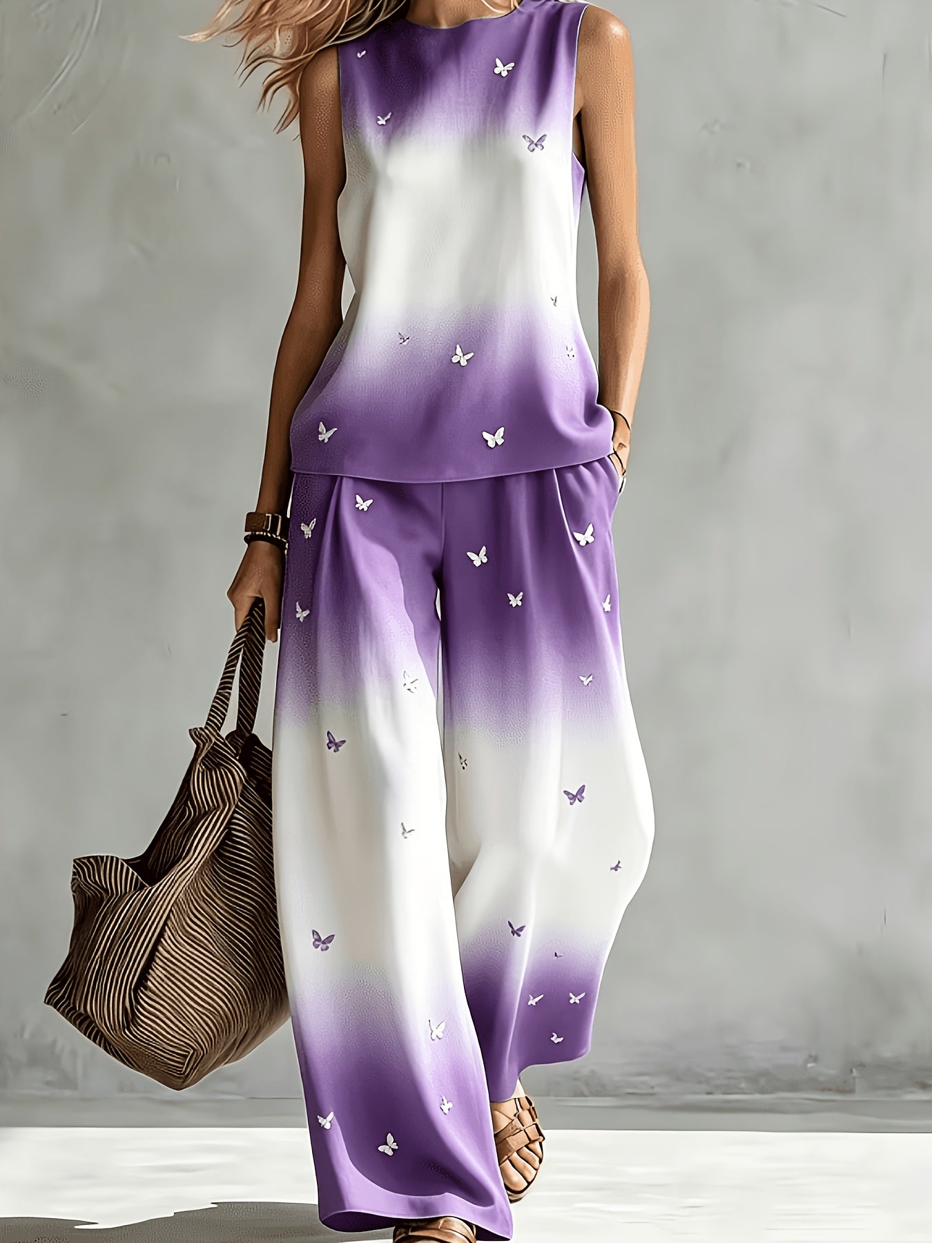 Women's Gradient Butterfly Printed 2pcs Set, Round Neck Sleeveless Vest & High-waisted Wide-leg Pants, Lightweight Loose Summer Vacation Casual Outfit