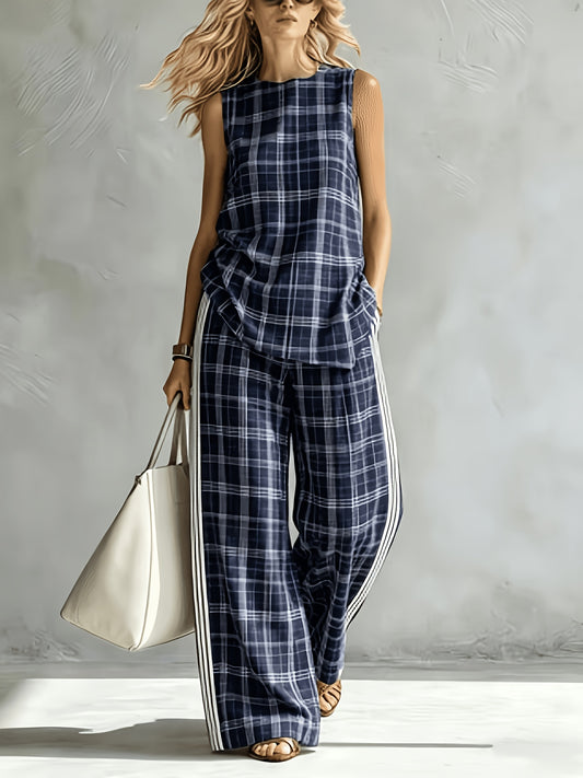Women's 2pcs Set, Plaid & Vertical Stripe Spliced Outfit. Navy & White Plaid Sleeveless Round Neck Top with Vertical Stripe Trims, Wide-Leg Pants with Pockets. Loose Casual Loungewear for Summer, Office, Vacation And Daily Wear