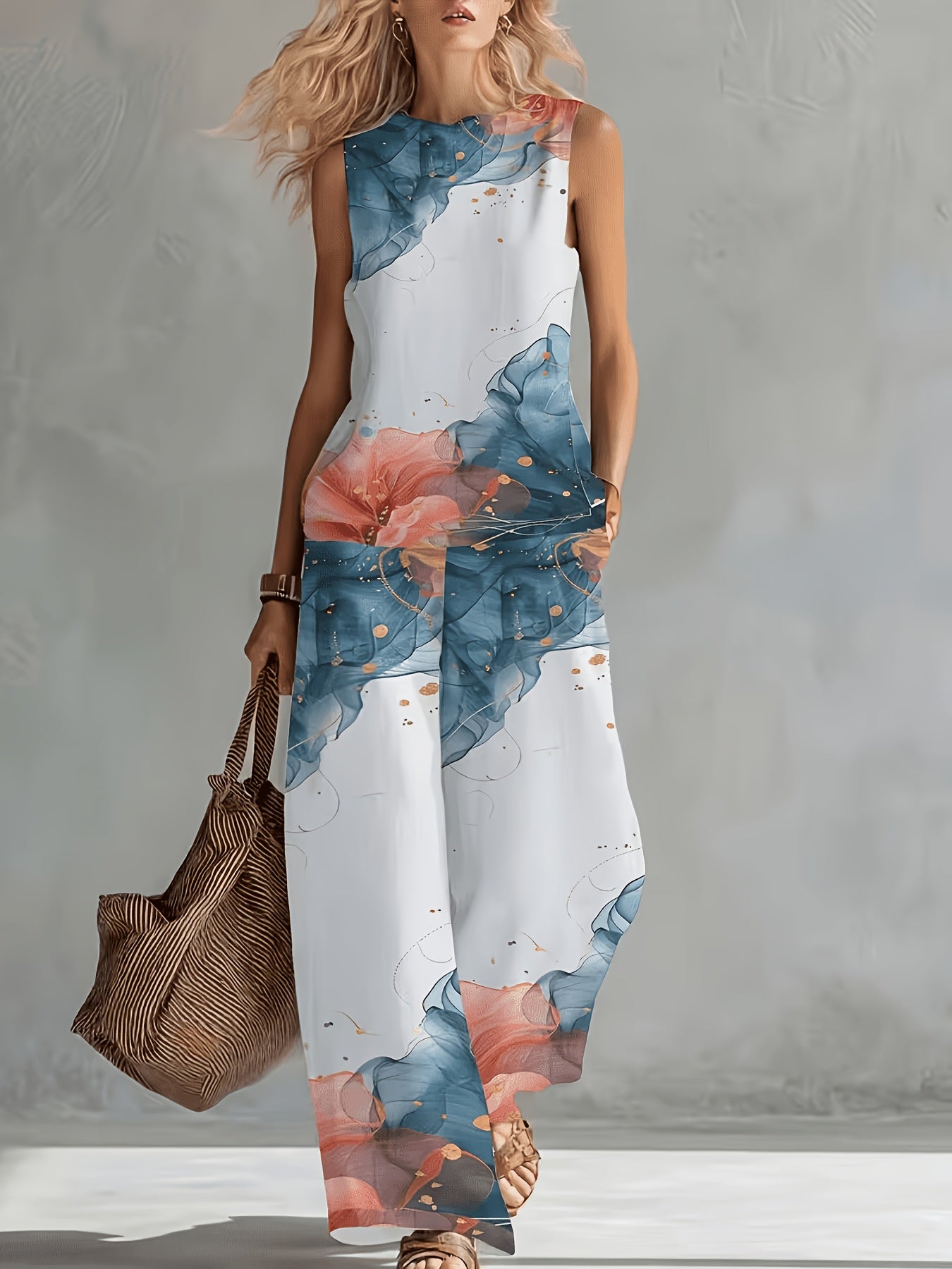 Women'S 2pcs Casual Outfit Watercolor Floral Print Sleeveless Round Neck Tank Top And High Waist Wide Leg Pants Lightweight Loose Fit Summer Vacation Matching Set