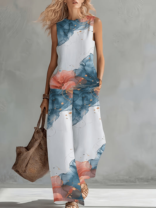 Women'S 2pcs Casual Outfit Watercolor Floral Print Sleeveless Round Neck Tank Top And High Waist Wide Leg Pants Lightweight Loose Fit Summer Vacation Matching Set