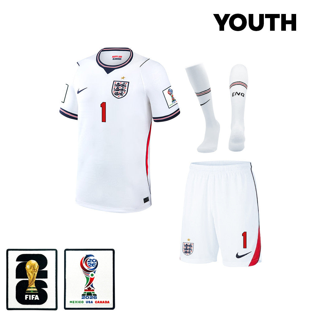 Jordan Pickford #1 England World Cup 2026 YOUTH Home Kit Set – White