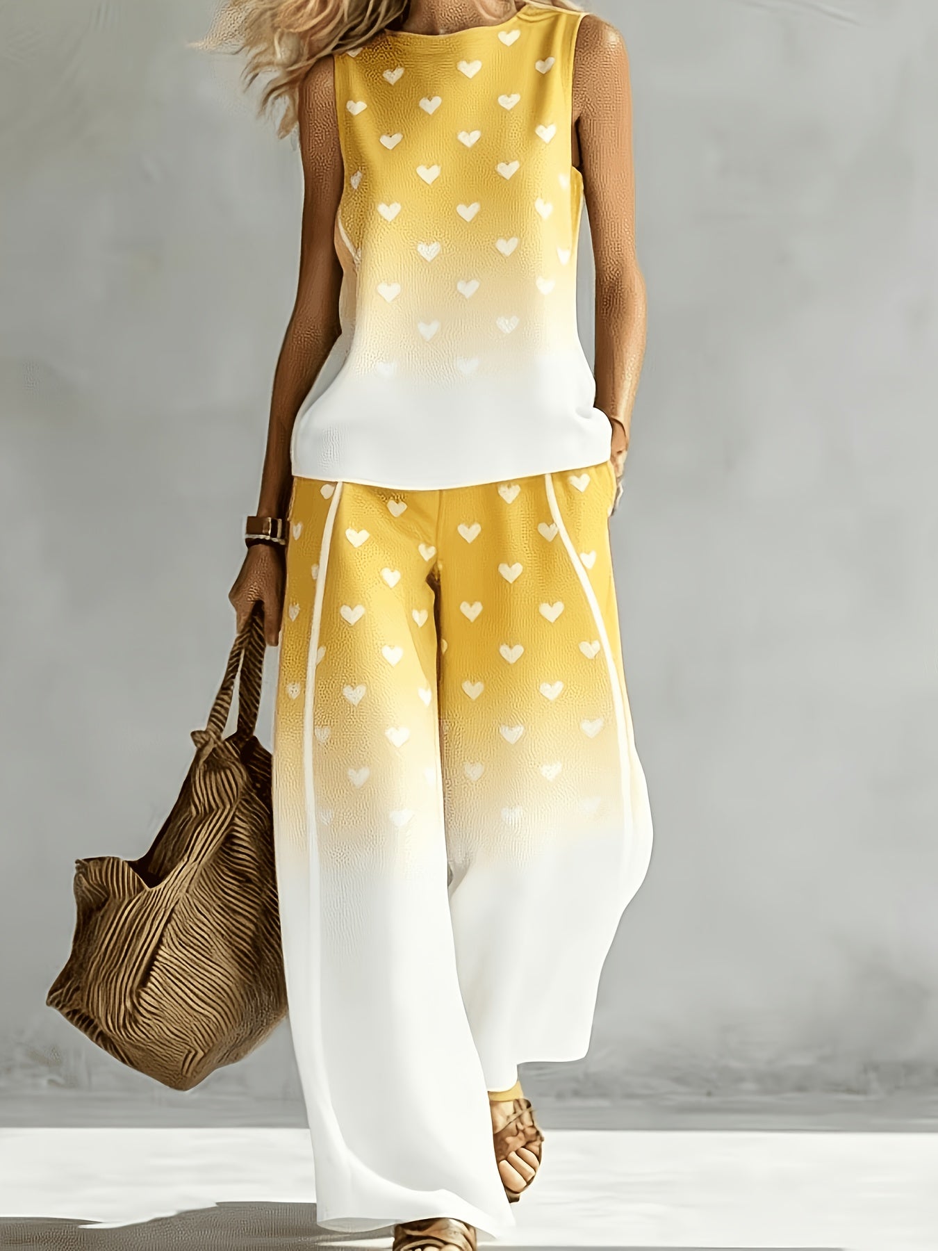 Women'S Gradient Heart Print Two-Piece Set, Crew Neck Sleeveless Tank Top And High Waist Wide Leg Pants, Lightweight Loose Summer Vacation Casual Outfit