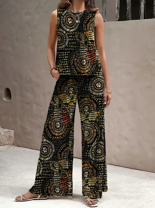 A And Textured Imitation Suit with Hand-Painted Totem Prints. It Includes a Round-Neck Sleeveless Top And Long Pants with Side Pockets. This Easy And Stylish Suit Is Perfect for Daily Commuting