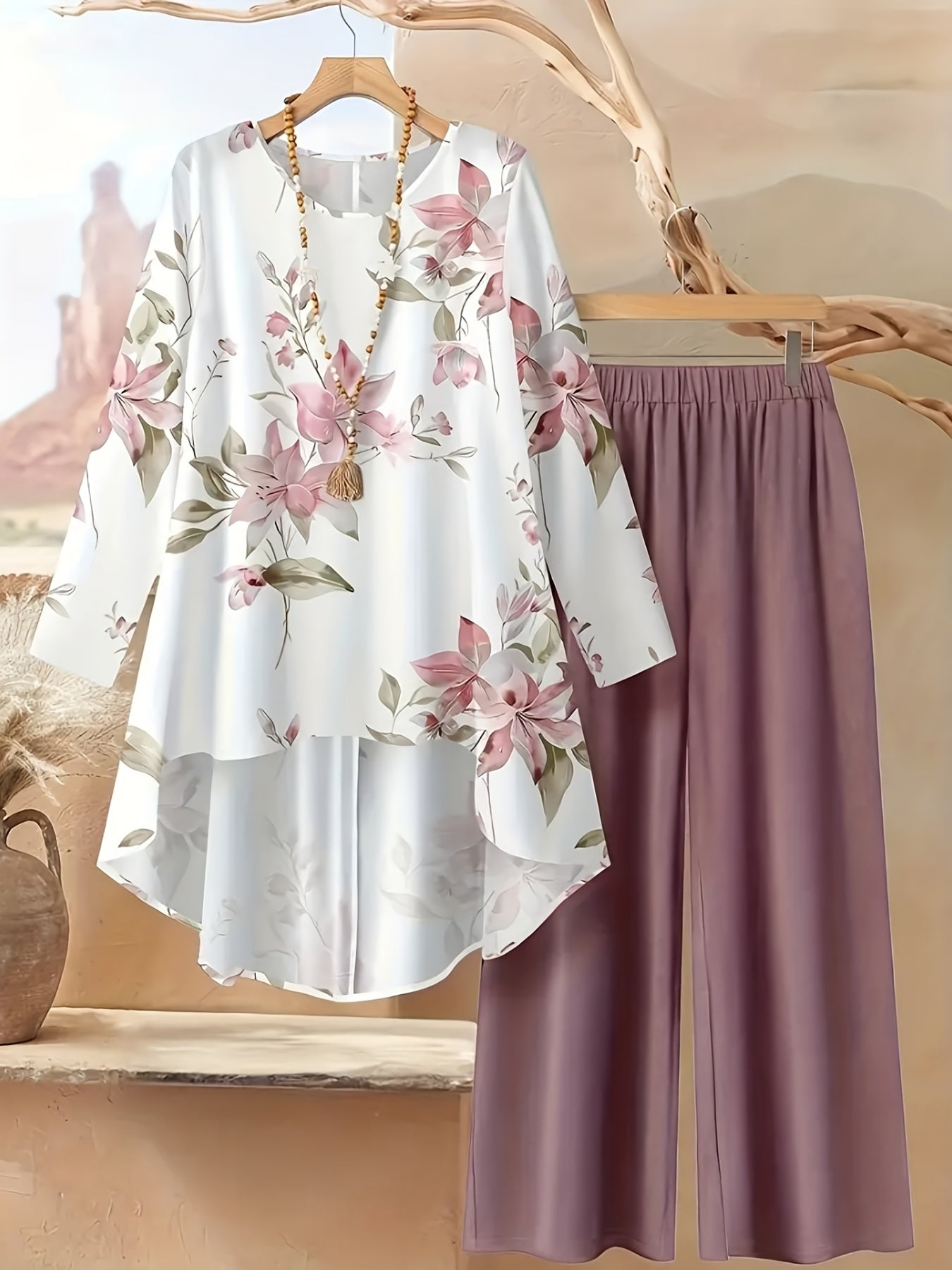 Women's Fashionable and Elegant Bohemian Print Long Sleeve and Long Pants Set