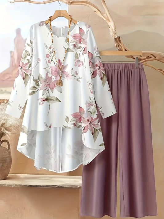 Women's Fashionable and Elegant Bohemian Print Long Sleeve and Long Pants Set