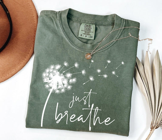 Comfort Colors® Just Breathe Dandelion T-Shirt, Cute Flying Dandelion Shirt, Nature Lovers Tee, Cute Women Gift