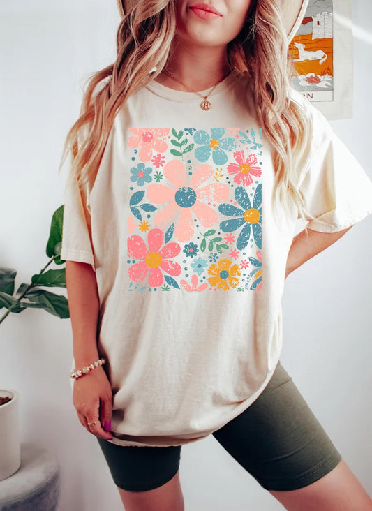 Boho Wildflowers, Flowers Shirt, Womens Graphic Tee, Floral Shirt, Nature Lover Gift, Garment Dyed, Cottagecore Shirt, Boho Summer Shirt