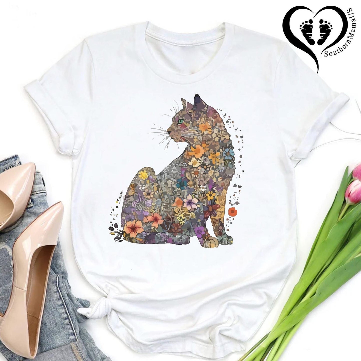 Cat Mom Shirt,Floral Cat T-shirt,Cat Mom Gift,Purr Shirt,Cat Lover Shirt, Gift For Mom, Animal Lover Tee, Cute Cat Shirt, Women Floral Shirt