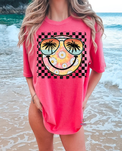 Summer Smile Face Shirt, Popular Preppy Checkered Aesthetic Women Shirts, Girls, Daisy Smile Tie Dye, Beach, Girly, Hibiscus, Lake Tee