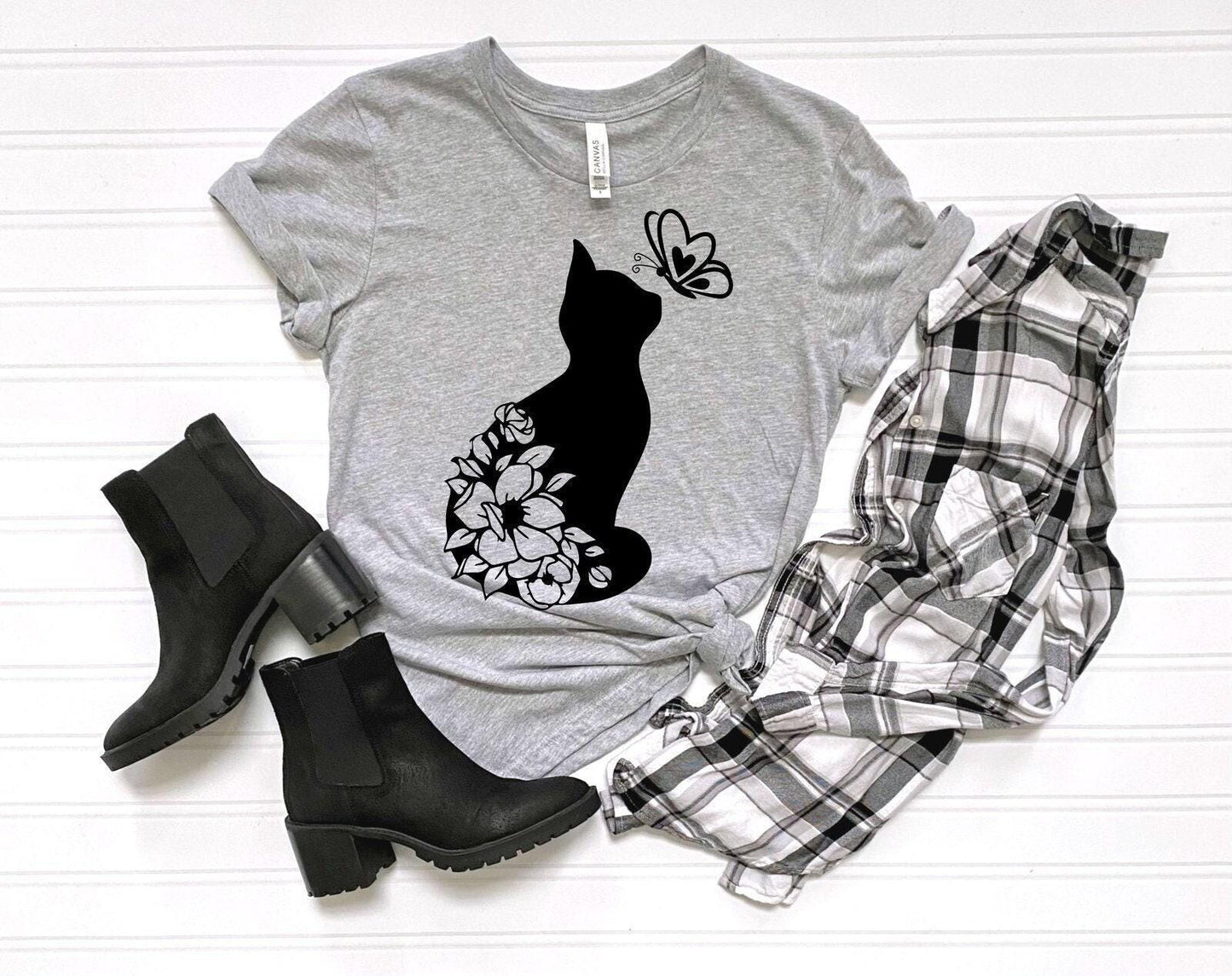 Cat Lover Shirt, Floral Cat Shirt, Animal Lover Gift Shirt, Floral Animal Shirt, Cat and Butterfly Shirt, Cat Lover Gift Women, Cat Shirt