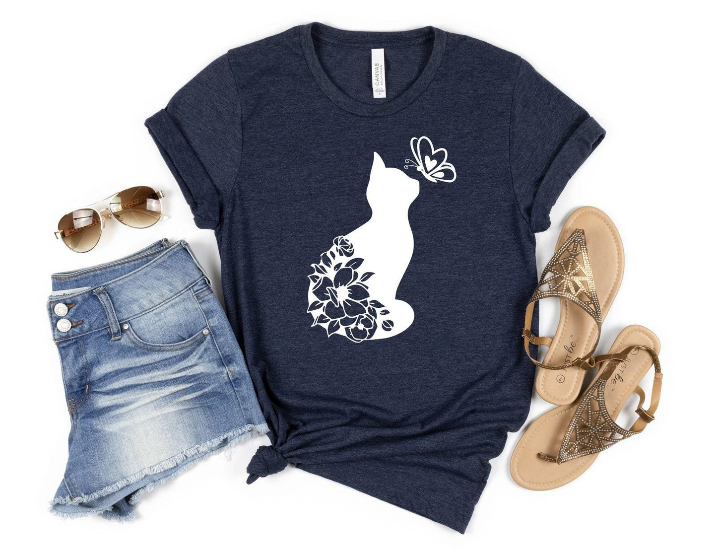 Cat Lover Shirt, Floral Cat Shirt, Animal Lover Gift Shirt, Floral Animal Shirt, Cat and Butterfly Shirt, Cat Lover Gift Women, Cat Shirt