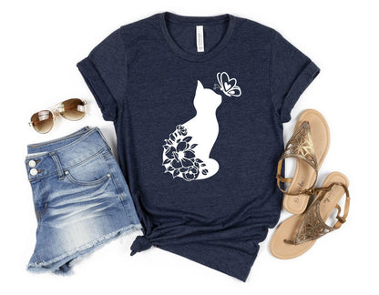 Cat Lover Shirt, Floral Cat Shirt, Animal Lover Gift Shirt, Floral Animal Shirt, Cat and Butterfly Shirt, Cat Lover Gift Women, Cat Shirt