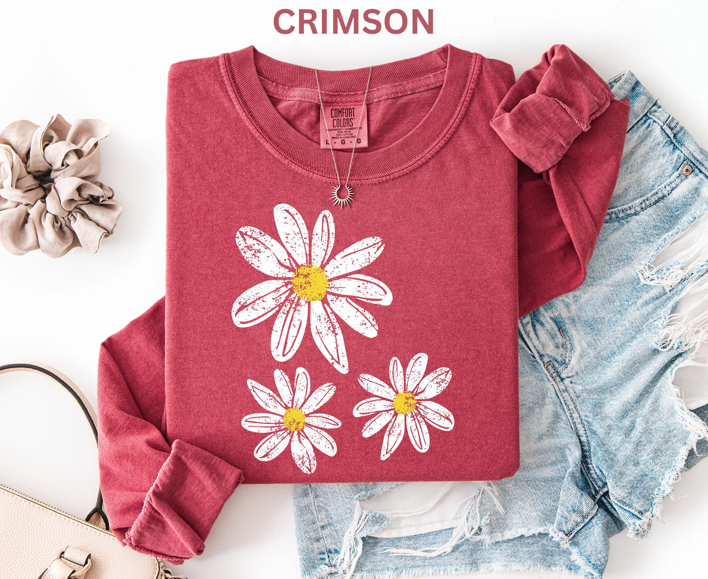 Comfort Colors Daisy Long Sleeve Shirt, Boho Floral Graphic Retro Aesthetic Flowers Long Shirt, Trendy Spring Long Sleeve Shirt for Women