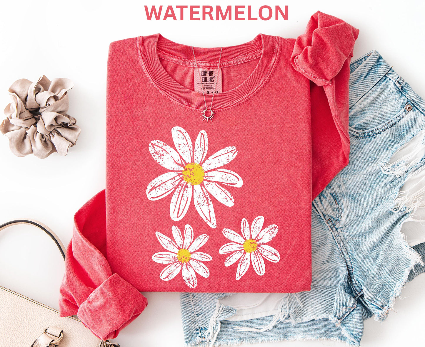 Comfort Colors Daisy Long Sleeve Shirt, Boho Floral Graphic Retro Aesthetic Flowers Long Shirt, Trendy Spring Long Sleeve Shirt for Women