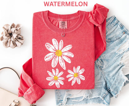 Comfort Colors Daisy Long Sleeve Shirt, Boho Floral Graphic Retro Aesthetic Flowers Long Shirt, Trendy Spring Long Sleeve Shirt for Women