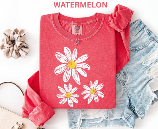 Comfort Colors Daisy Long Sleeve Shirt, Boho Floral Graphic Retro Aesthetic Flowers Long Shirt, Trendy Spring Long Sleeve Shirt for Women