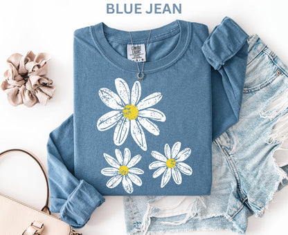Comfort Colors Daisy Long Sleeve Shirt, Boho Floral Graphic Retro Aesthetic Flowers Long Shirt, Trendy Spring Long Sleeve Shirt for Women