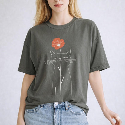Minimalist Cat Flower Shirt Cute Cat Lover Gift for Her Floral Line Art Tee