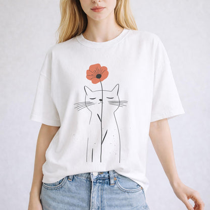 Minimalist Cat Flower Shirt Cute Cat Lover Gift for Her Floral Line Art Tee
