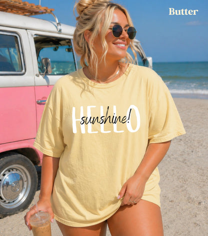 Hello Sunshine Shirt, Summer Comfort Colors Shirt, Sunshine Tshirt, Beach Vacation Tees, Spring Outfits Women, Summer Cotton Shirts, Sunny