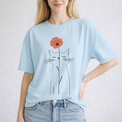 Minimalist Cat Flower Shirt Cute Cat Lover Gift for Her Floral Line Art Tee