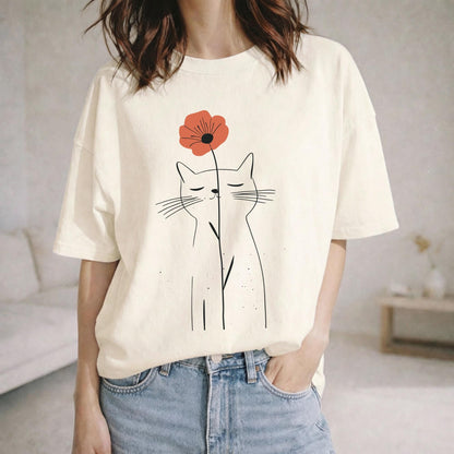 Minimalist Cat Flower Shirt Cute Cat Lover Gift for Her Floral Line Art Tee