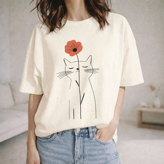 Minimalist Cat Flower Shirt Cute Cat Lover Gift for Her Floral Line Art Tee
