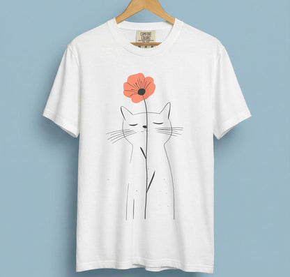 Minimalist Cat Flower Shirt Cute Cat Lover Gift for Her Floral Line Art Tee