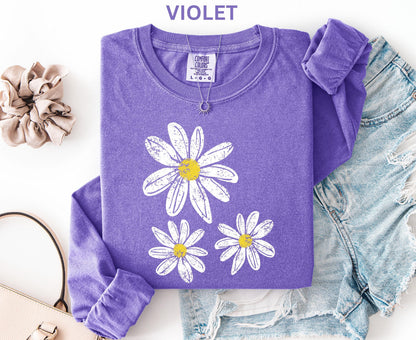 Comfort Colors Daisy Long Sleeve Shirt, Boho Floral Graphic Retro Aesthetic Flowers Long Shirt, Trendy Spring Long Sleeve Shirt for Women