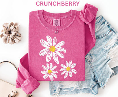 Comfort Colors Daisy Long Sleeve Shirt, Boho Floral Graphic Retro Aesthetic Flowers Long Shirt, Trendy Spring Long Sleeve Shirt for Women