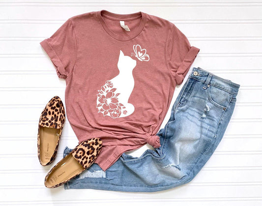 Cat Lover Shirt, Floral Cat Shirt, Animal Lover Gift Shirt, Floral Animal Shirt, Cat and Butterfly Shirt, Cat Lover Gift Women, Cat Shirt