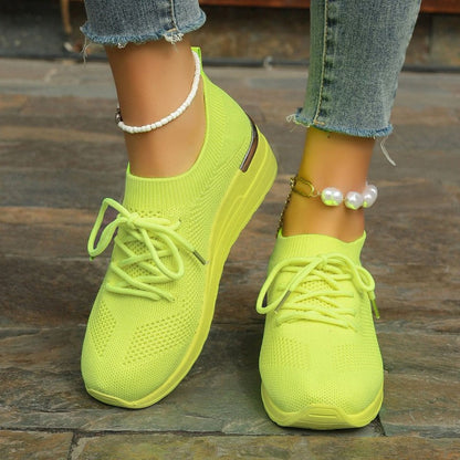 Women's Breathable Stretchy Knit Wedge Heel Shoes with Adjustable Laces