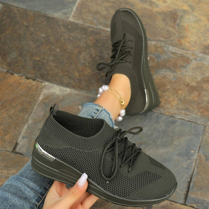 Women's Breathable Stretchy Knit Wedge Heel Shoes with Adjustable Laces