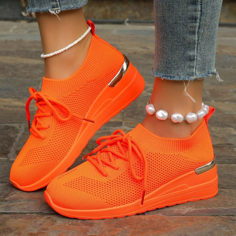 Women's Breathable Stretchy Knit Wedge Heel Shoes with Adjustable Laces